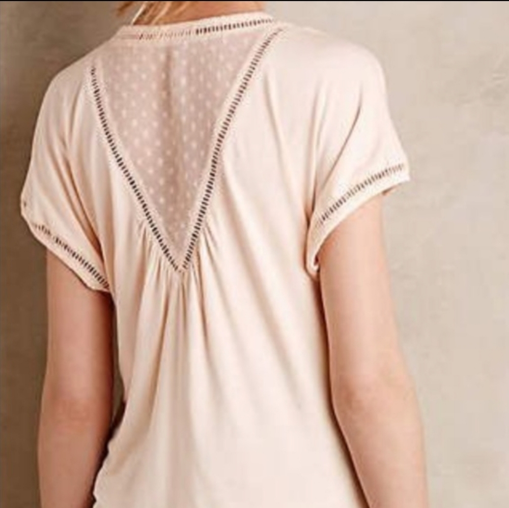 Anthropologie Pale Blush Short Sleeve Tee with Lace Inset